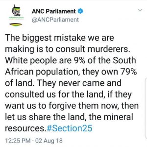 ANC is busy with the encouragement of white genocide