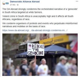 Voting DA, then think again! – DA in total denial about farm murders and farm attacks – DA Abroad condemns white genocide and any actions and protests arranged to address the matter