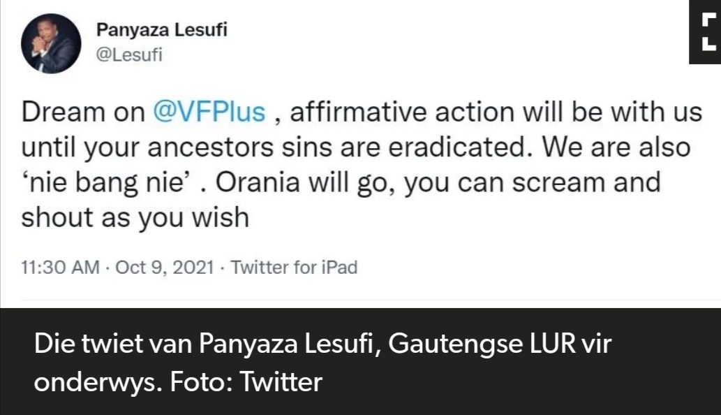 FF+ Election Manifesto Calls for Scrapping of BBBEE – PaNazi Lesufi Replies that BEE will stay “until the sins of white ancestors are wiped out”!